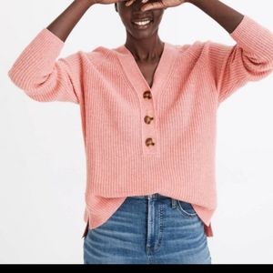 Madewell Pink Ribbed Lyle Henley Merino Wool Blend Sweater
